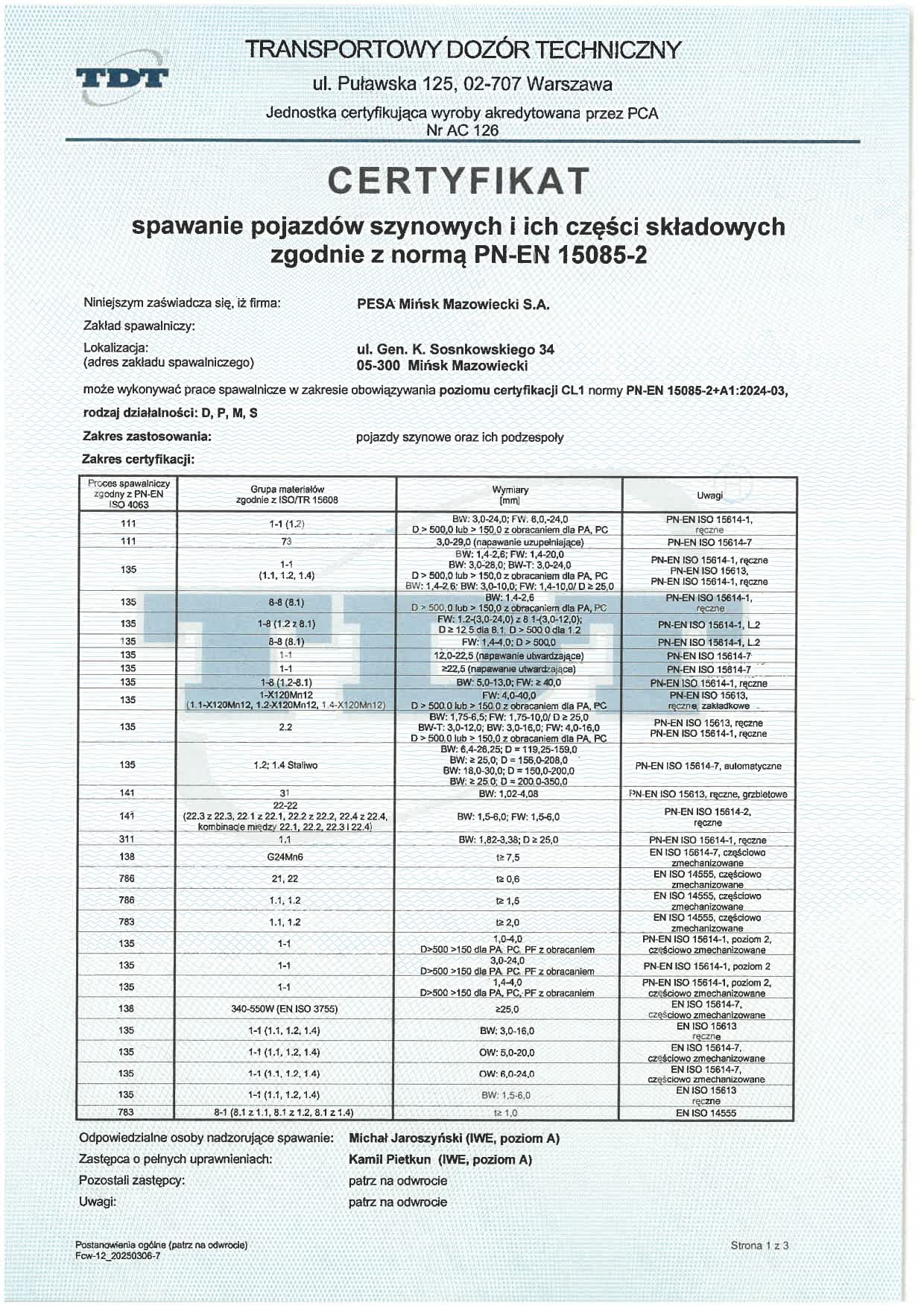 Certyfikat 15085 nr PL TDT_15085_CL1_006_4_2013 z dnia 06.11.2025_page-0001