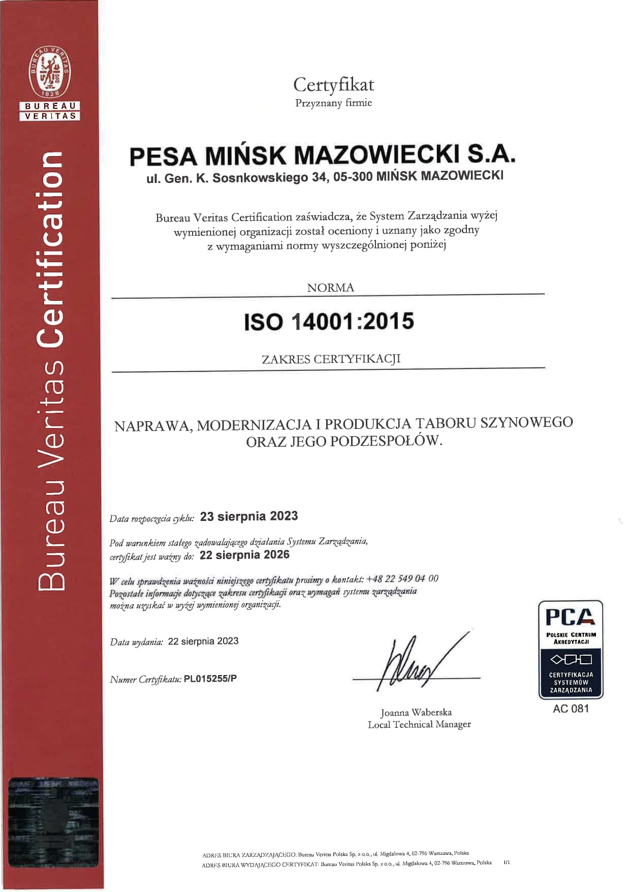 Certyfikat nr PL015255_P - ISO 14001 PESA MM - PL_page-0001